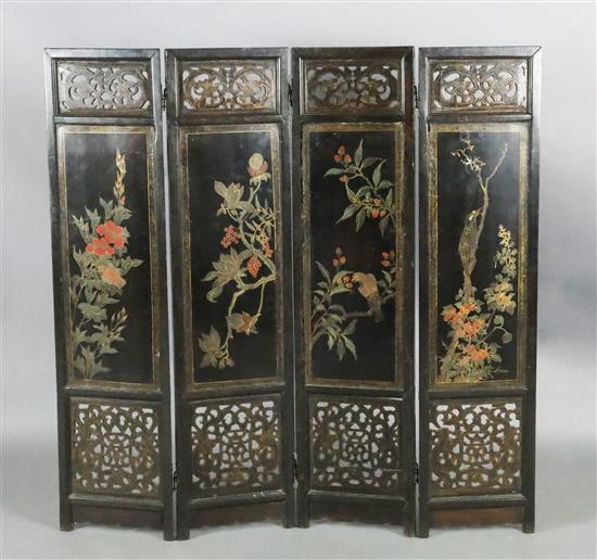 A Chinese hongmu and lacquer panelled four fold screen, 19th century, H. 104cm x W. 105cm